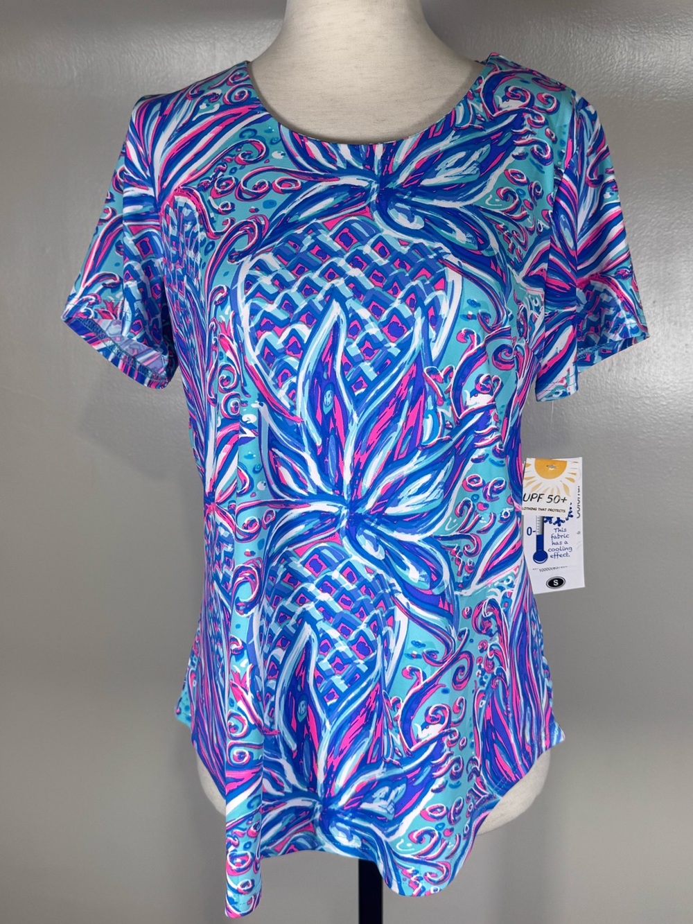 NWT Lulu B Size S Crew Neck Short Sleeve Multi Color Pink Blue UPF 50 Golf Top